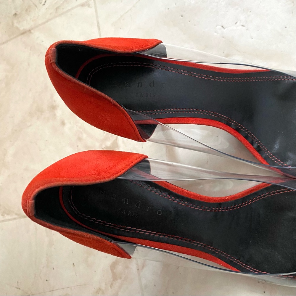 $340 Sandro Orange Suede Clear Vinyl Pointed Toe Pumps Heels Size 9.5/40 - Picture 11 of 14